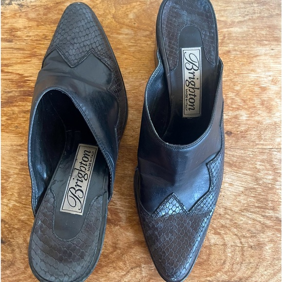 BRIGHTON Black Soft Leather & Reptile Embossed Western Cowgirl Mules 6.5M Italy - Picture 4 of 12